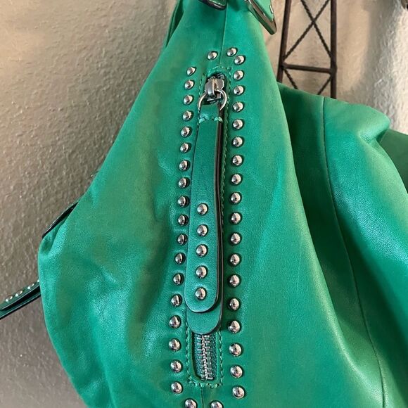 B. Makowsky Green Gorgeous Leather Leppard Print Silver Metal Studs Hobo Bag - Picture 3 of 16